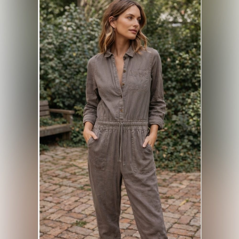 Women's FAHERTY Arlie Jumpsuit Jumper Romper Surplus Tencel Linen Long Sleeve S